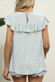 Sweet Cute Solid Embroidered See-through Flounce O Neck T-Shirts