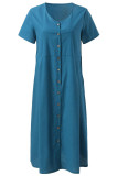 Casual College Solid Pocket Buckle V Neck Short Sleeve Dress Dresses