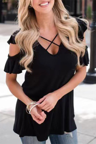 Casual Street Solid Cross Straps V Neck T-Shirts
