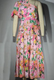 Sweet Elegant Floral Backless Oblique Collar Printed Dress Dresses