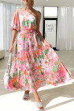 Sweet Elegant Floral Backless Oblique Collar Printed Dress Dresses
