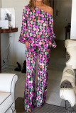 Casual Elegant Print Pocket Oblique Collar Long Sleeve Two Pieces