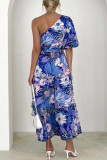 Sweet Elegant Floral Backless Oblique Collar Printed Dress Dresses
