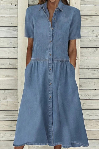 Casual Solid Fold Turndown Collar Short Sleeve Denim Dresses