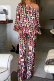 Casual Elegant Print Pocket Oblique Collar Long Sleeve Two Pieces