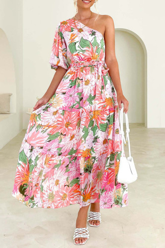 Sweet Elegant Floral Backless Oblique Collar Printed Dress Dresses