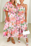 Sweet Elegant Floral Backless Oblique Collar Printed Dress Dresses