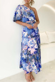 Sweet Elegant Floral Backless Oblique Collar Printed Dress Dresses