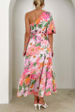 Sweet Elegant Floral Backless Oblique Collar Printed Dress Dresses