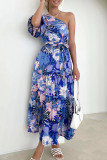 Sweet Elegant Floral Backless Oblique Collar Printed Dress Dresses