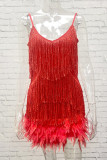 Sexy Solid Tassel Feathers V Neck Pencil Skirt Dresses