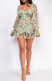 Sweet Elegant Floral Bandage Flounce Square Collar Loose Rompers