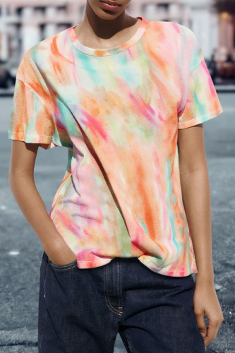 Casual Gradual Change Contrast O Neck T-Shirts
