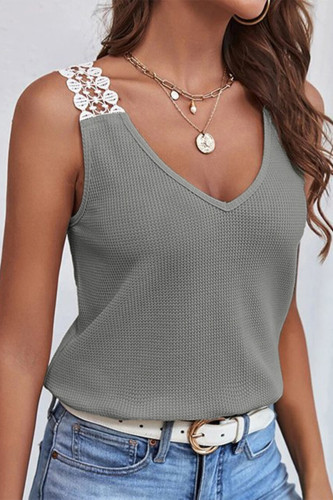 Casual Solid Lace Patchwork V Neck Tops