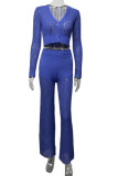 Casual Solid Hollowed Out Buttons V Neck Long Sleeve Two Pieces