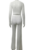 Casual Solid Hollowed Out Buttons V Neck Long Sleeve Two Pieces