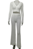 Casual Solid Hollowed Out Buttons V Neck Long Sleeve Two Pieces