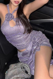 Sexy Celebrities Solid Sequined Halter Sleeveless Two Pieces