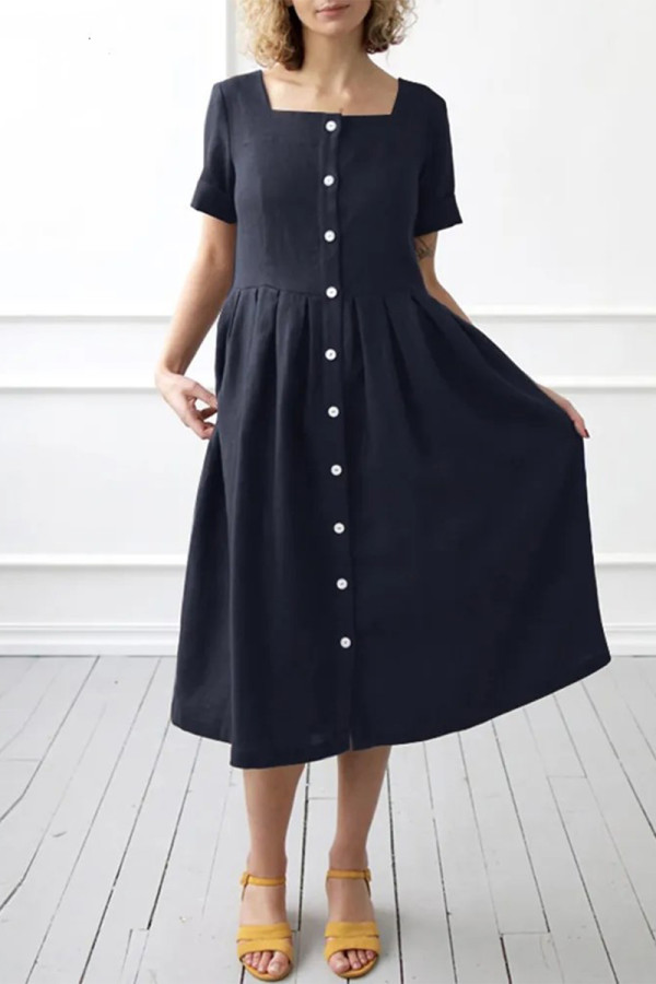 Solid Pocket Square Collar A Line Dresses