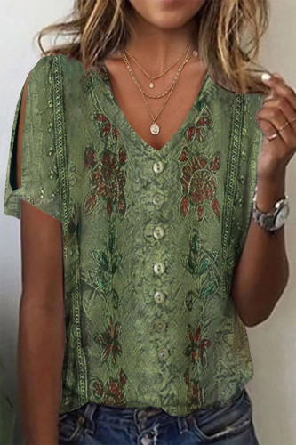 Casual Print Buttons V Neck T-Shirts