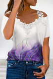 Casual Print Lace Patchwork V Neck T-Shirts