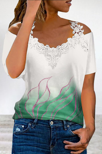Casual Print Lace Patchwork V Neck T-Shirts