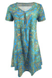 Casual Print Patchwork V Neck A Line Short Sleeve Dress