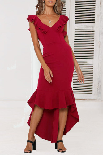 Elegant Formal Solid Flounce V Neck Trumpet Mermaid Dresses