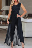 Casual Solid Mesh V Neck Regular Jumpsuits