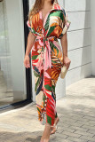 Street Elegant Print With Bow Shirt Collar Printed Dress Short Sleeve Dress