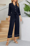 Casual Solid Turndown Collar Loose Jumpsuits
