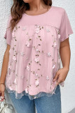 Sweet Patchwork Lace Embroidered O Neck Plus Size Tops
