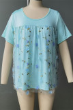 Sweet Patchwork Lace Embroidered O Neck Plus Size Tops