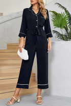 Casual Solid Turndown Collar Loose Jumpsuits