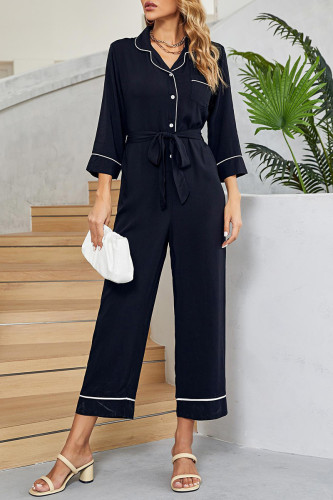 Casual Solid Turndown Collar Loose Jumpsuits