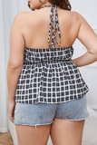Sexy Plaid Frenulum V Neck Plus Size Tops