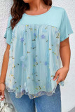 Sweet Patchwork Lace Embroidered O Neck Plus Size Tops