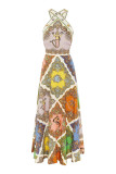 Sweet Cute Geometric Printing Halter Sleeveless Dress Dresses