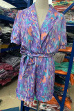 Casual Print Bandage Turn-back Collar Loose Rompers