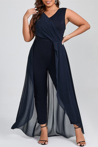 Casual Solid Mesh V Neck Regular Jumpsuits
