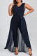 Casual Solid Mesh V Neck Regular Jumpsuits