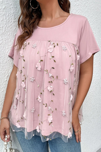 Sweet Patchwork Lace Embroidered O Neck Plus Size Tops