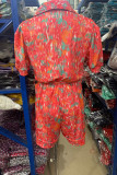 Casual Print Bandage Turn-back Collar Loose Rompers
