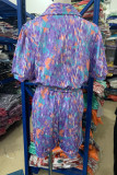 Casual Print Bandage Turn-back Collar Loose Rompers