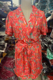 Casual Print Bandage Turn-back Collar Loose Rompers