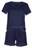 Street Living Solid Patchwork V Neck Short Sleeve Two Pieces