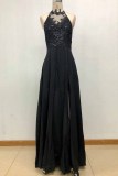 Elegant Solid Patchwork Slit Halter A Line Dresses