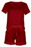 Street Living Solid Patchwork V Neck Short Sleeve Two Pieces