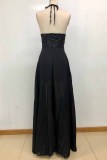 Elegant Solid Patchwork Slit Halter A Line Dresses