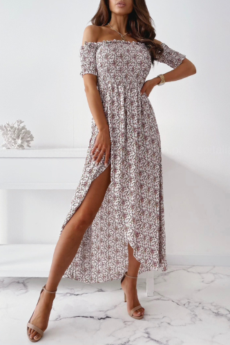 Elegant Floral Slit Fold Off the Shoulder Waist Skirt Dresses